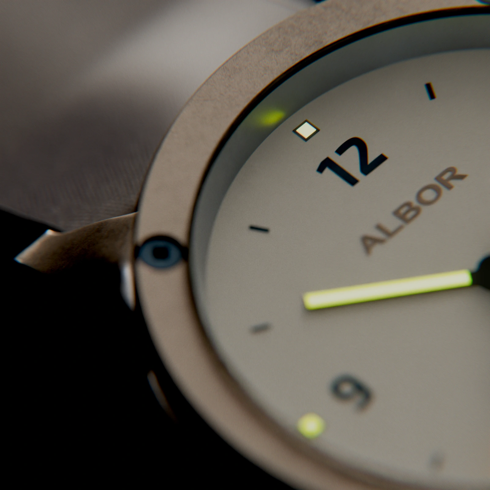Macro view of the ALBOR dial, bezel and upper lug