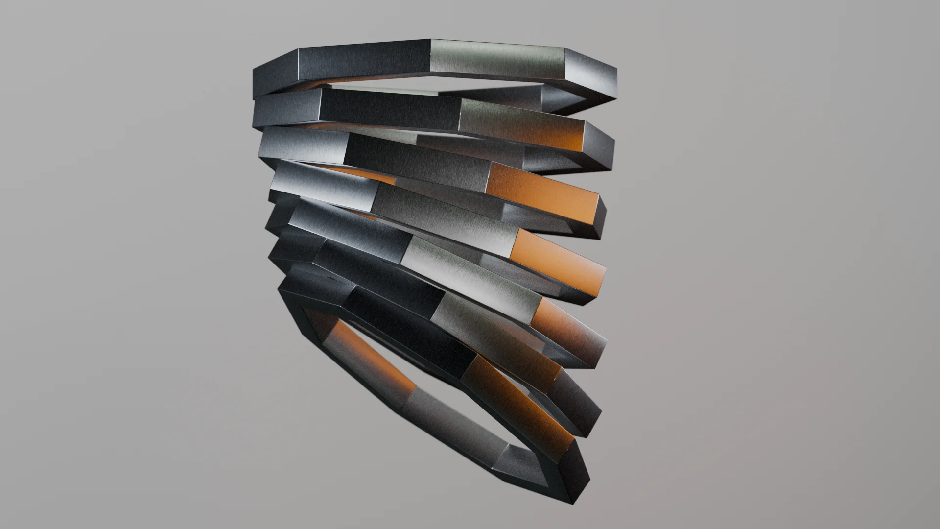 Repeated octagonal metal forms gradually inclining into a bow