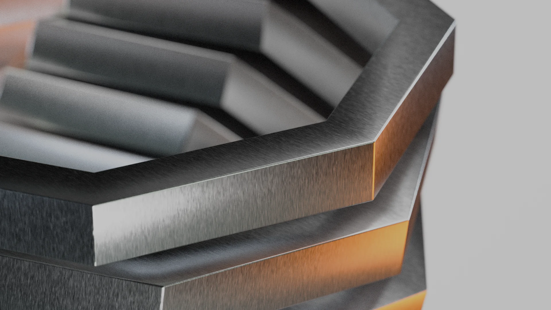 Macro CGI study of layered brushed metal edges