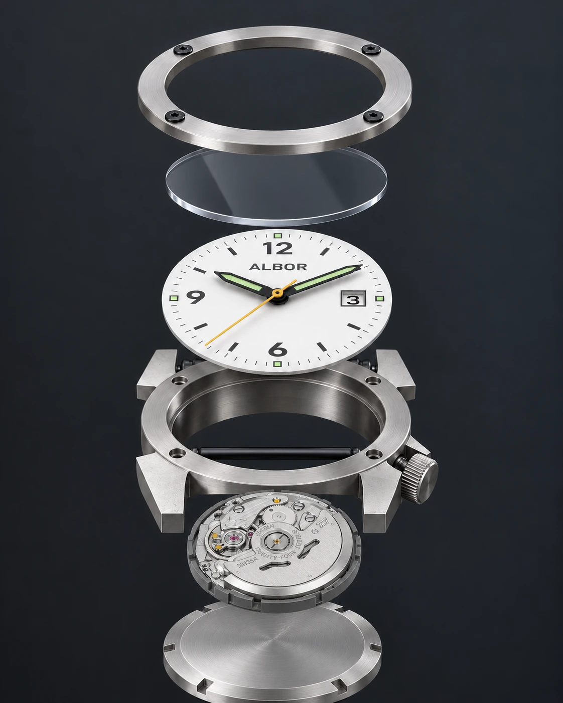 Conceptual exploded view of ALBOR without its strap, showing bezel, crystal, dial and hands, case, NH35A movement and caseback