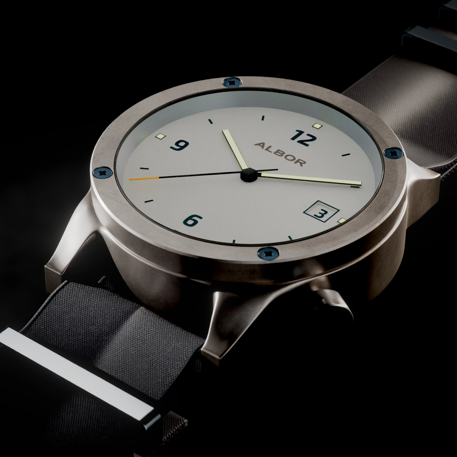 Three-quarter close-up of the ALBOR watch showing its brushed case, exposed bezel fasteners, geometric dial and black woven strap