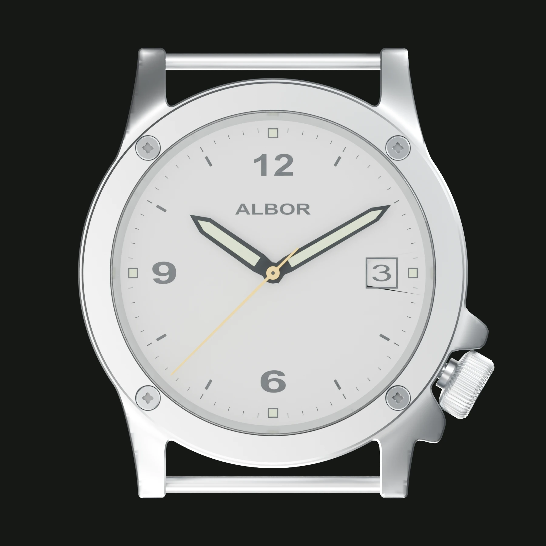 Front render of the revised ALBOR 3D model with softened integrated lugs, fixed bars and matte-white dial