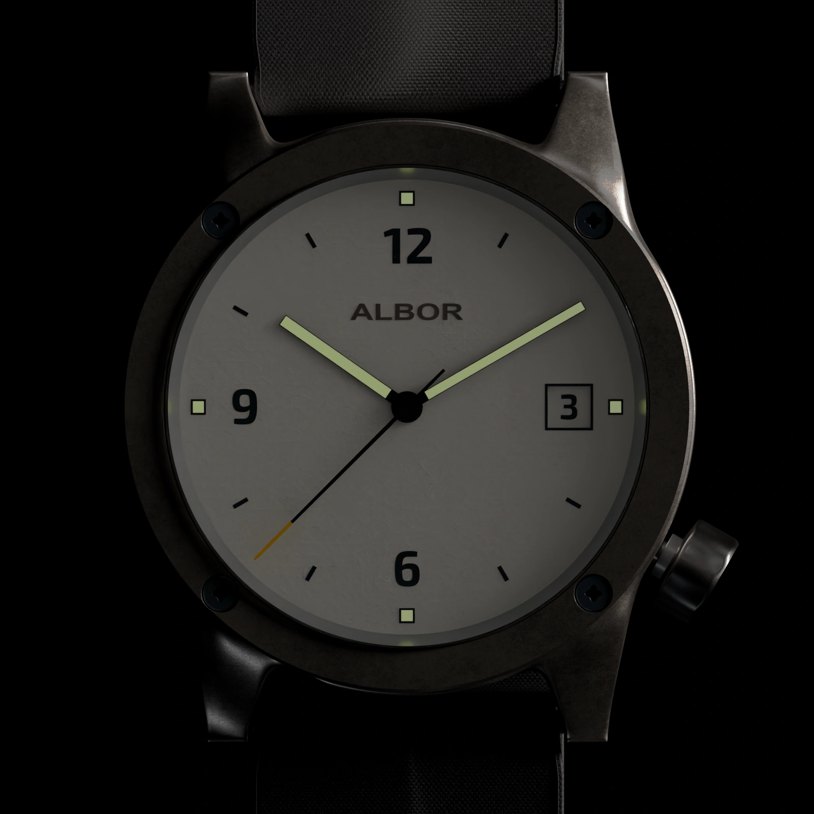Front view of the ALBOR watch with bold geometric numerals, luminous hands and black woven strap