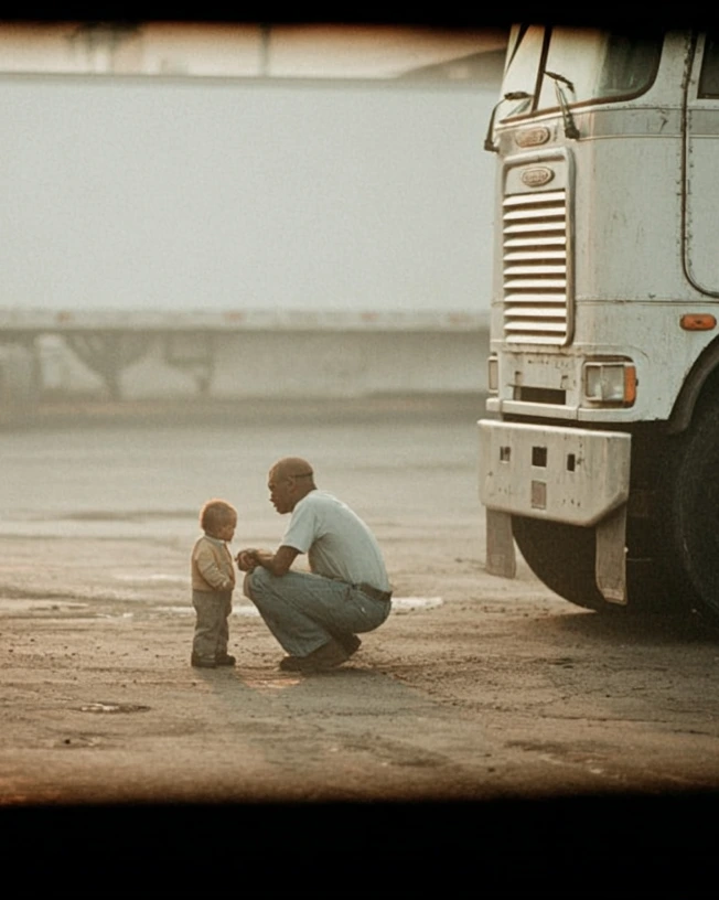 A father crouching beside his young child between parked trucks