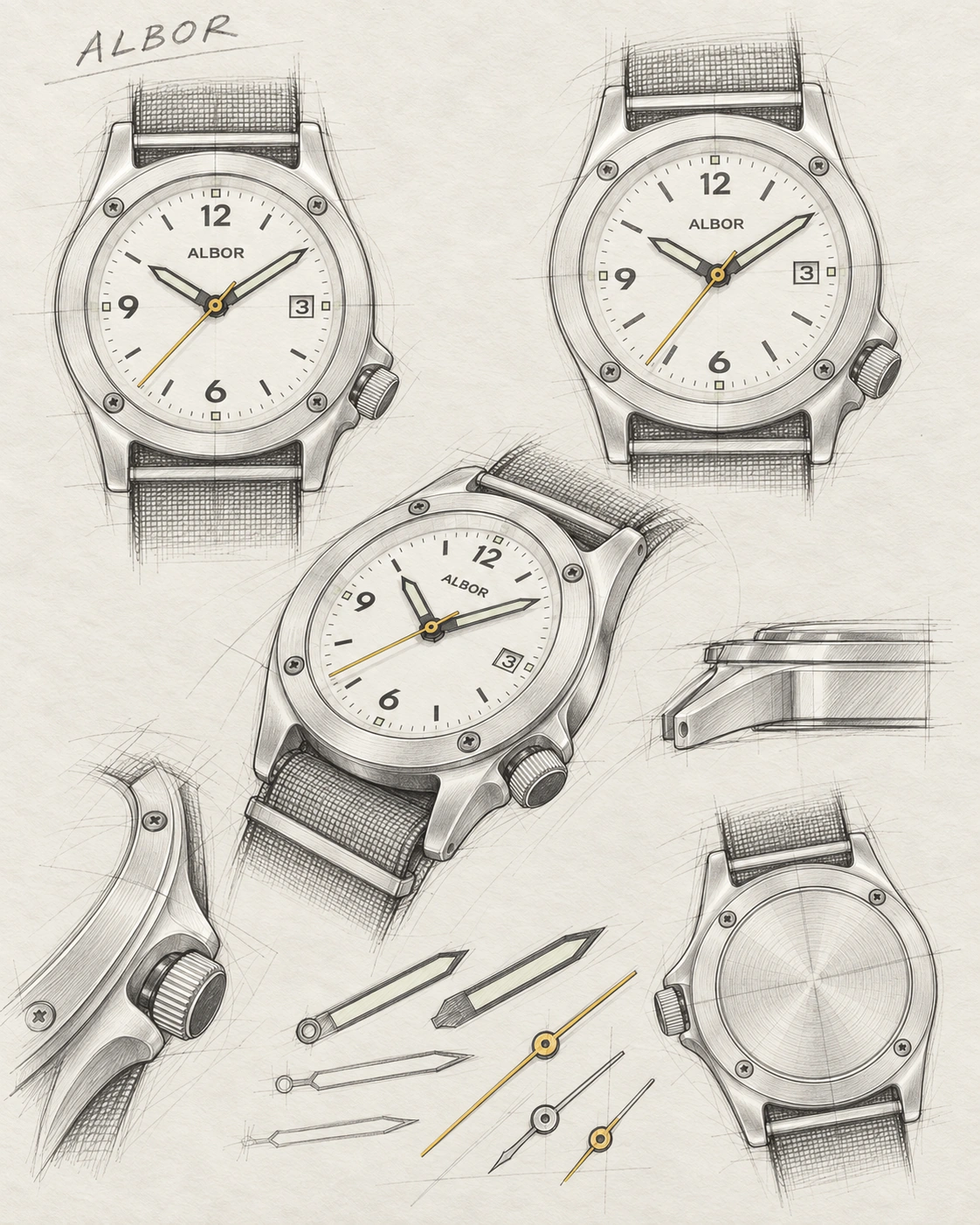 Pencil studies of the revised ALBOR integrated-lug case in front, perspective, profile and rear views, with crown and hand details; paper-only AI visualisation