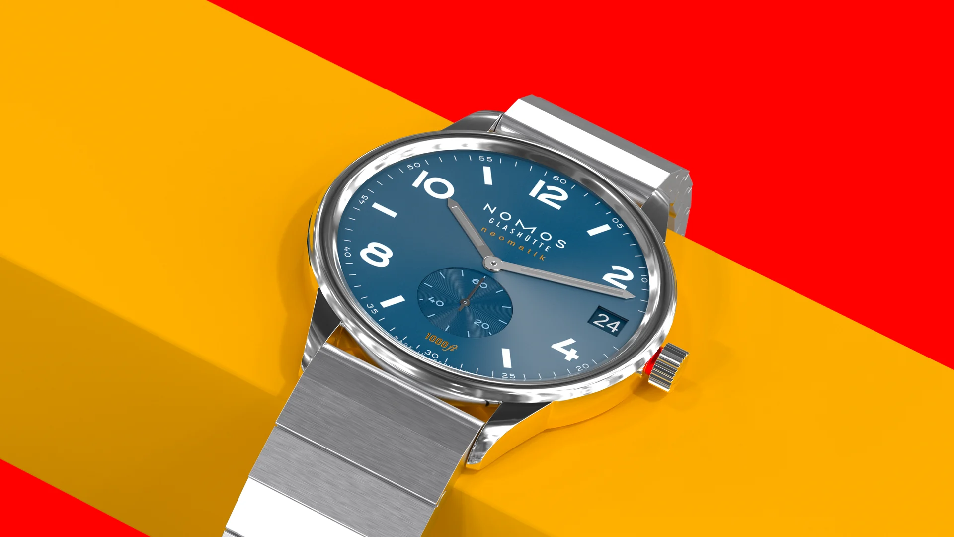 NOMOS Club Sport neomatik against red and yellow geometric planes