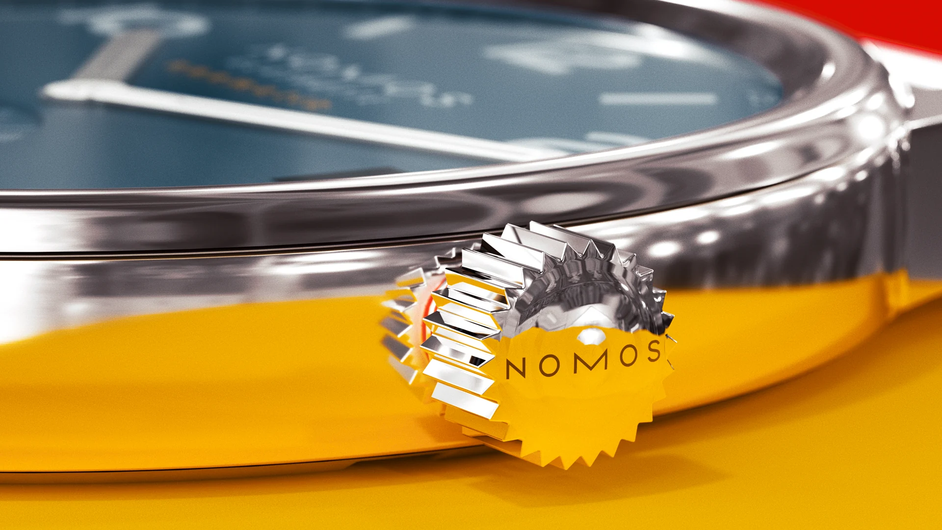 Macro detail of the NOMOS crown against yellow