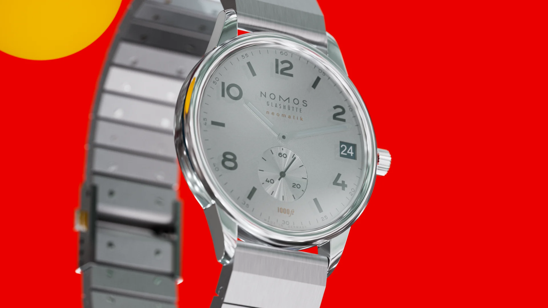 Complete silver NOMOS Club Sport neomatik against a red geometric field