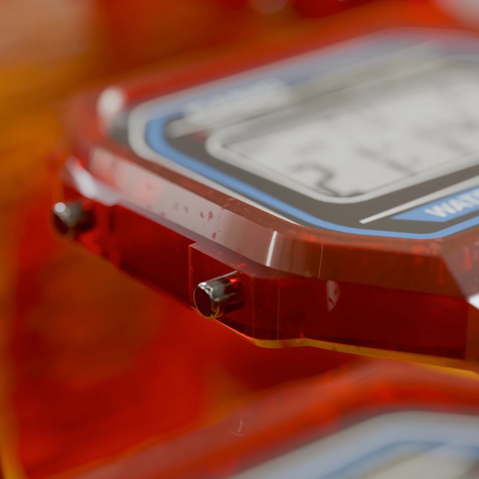 Macro side detail of a translucent red CASIO A168