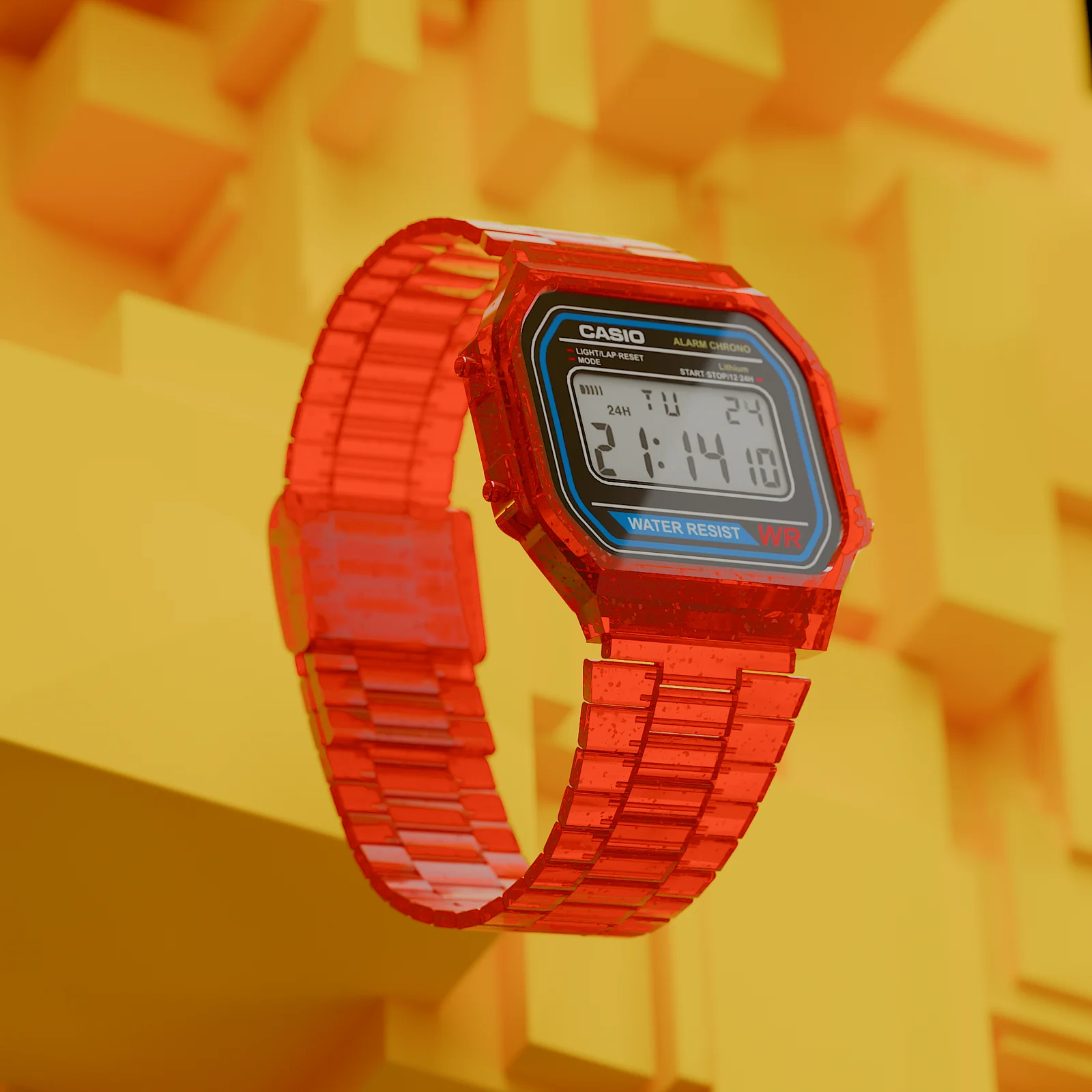 Finished campaign variation of a red CASIO A168 in amber light