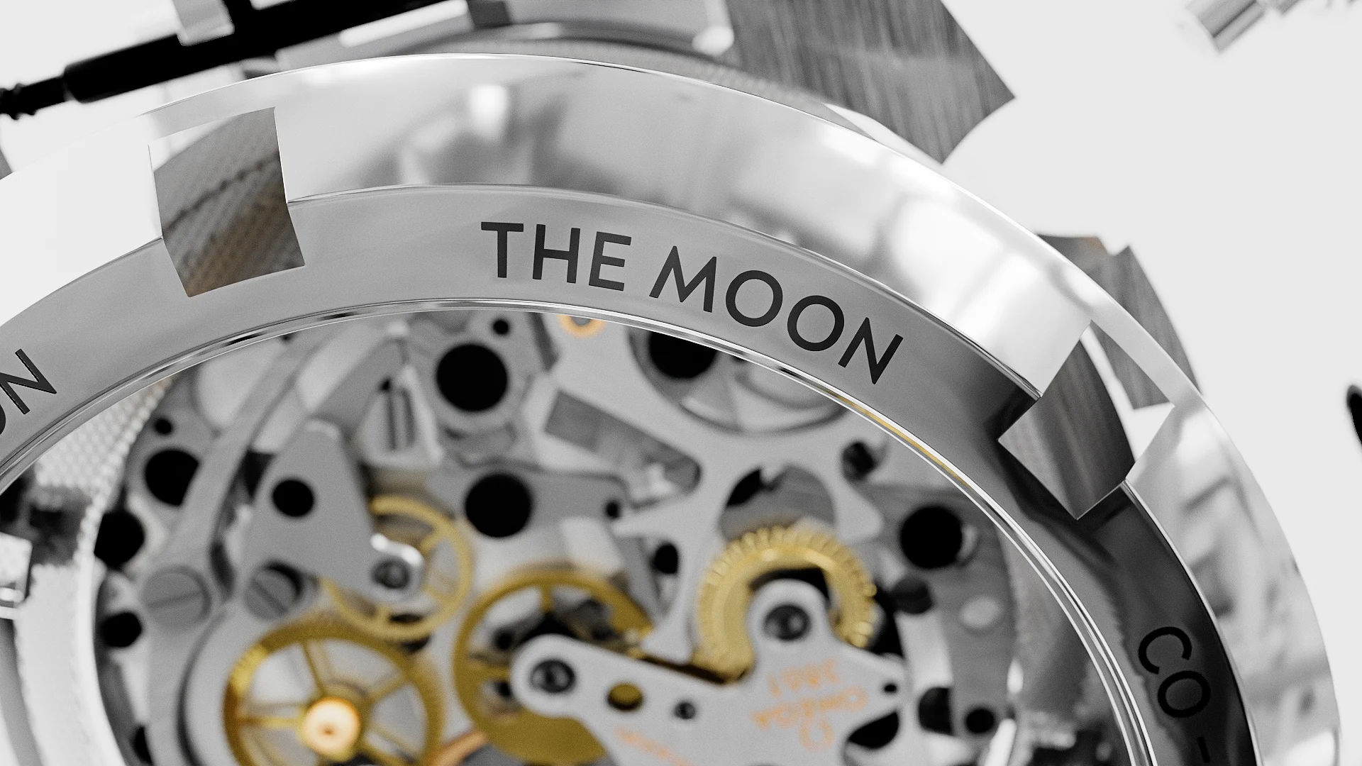 Speedmaster caseback detail with The Moon engraving