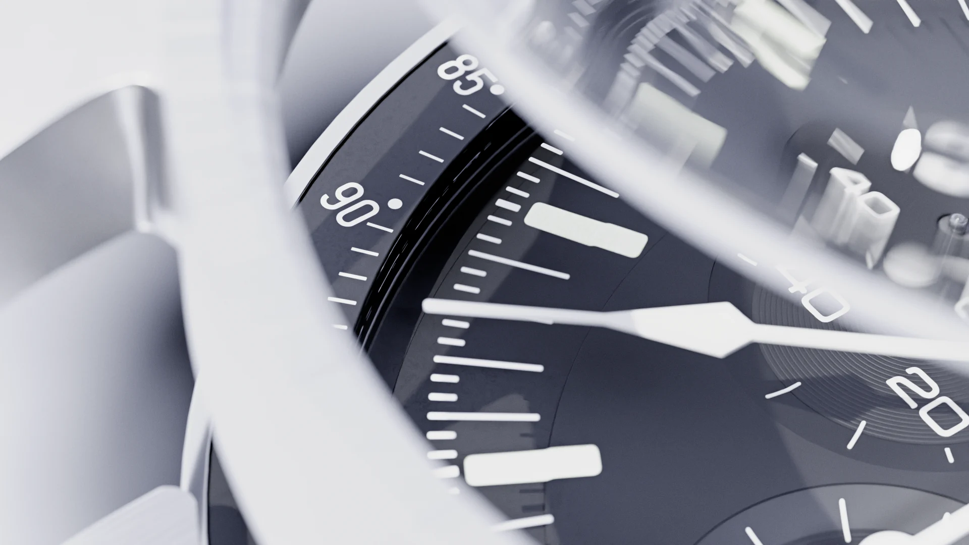 Speedmaster dial and tachymeter seen through the crystal