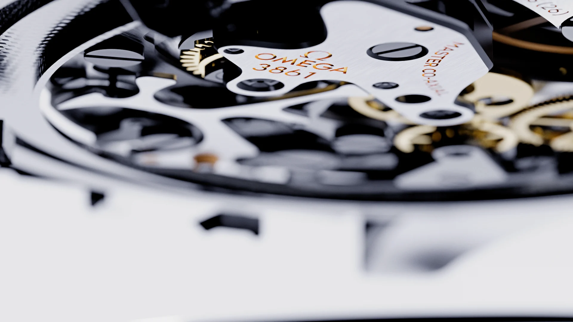 Close view of gears and bridges inside the OMEGA movement